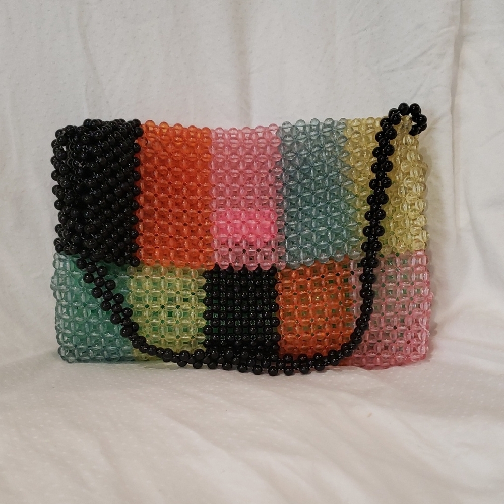 Black and Orange Beaded Shoulder Bag with Flap Closure